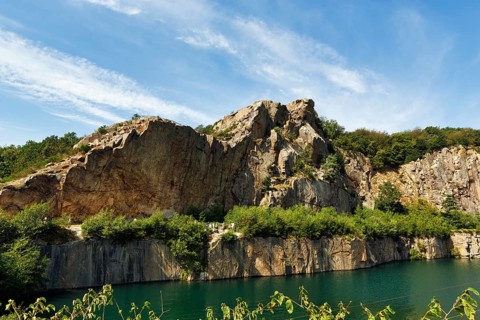 Impressive rock formations, opal lake in the granite quarry, MoselleÃ¸kken Stenbrudsmuseum, museum