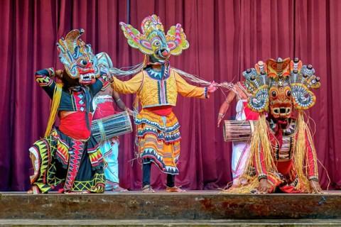 Kandi Lake Club Cultural Dance Show, Traditional vibrant and symbolic masks, Kandy, Sri Lanka