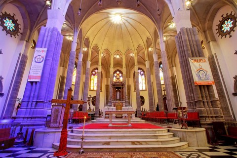 Nuestra Senora de los Remedios Cathedral, magnificent church interior with illuminated altar,
