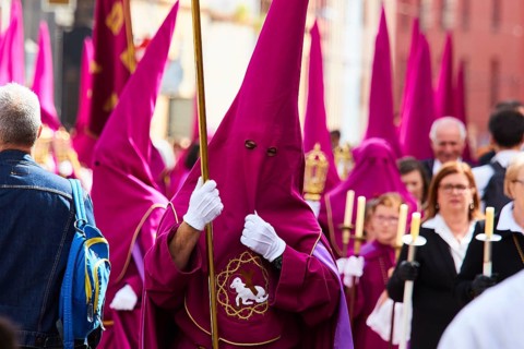 Good Friday procession, religious procession with participants in purple robes, UNESCO World
