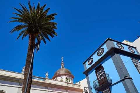 Palm tree and classic building against deep blue sky, UNESCO World Heritage Old Town of San