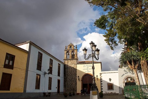 Old town view with church and cloudy sky, UNESCO World Heritage Old Town of San Crstobal de La