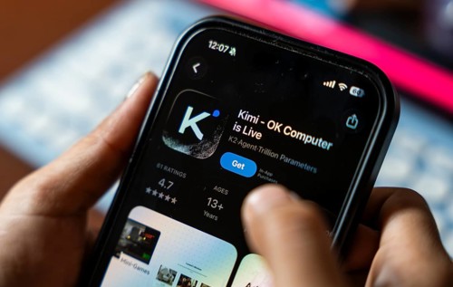 In this photo illustration, a person uses the Kimi AI chatbot on a smartphone, in New Delhi, India