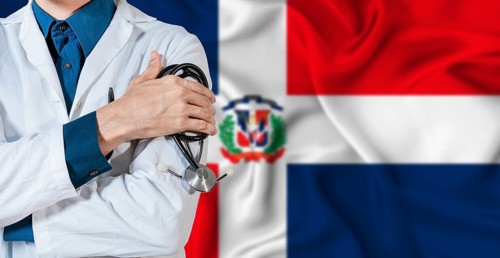 Dominican Republic healthcare concept. Doctor with stethoscope on Dominican Republic flag. Doctor