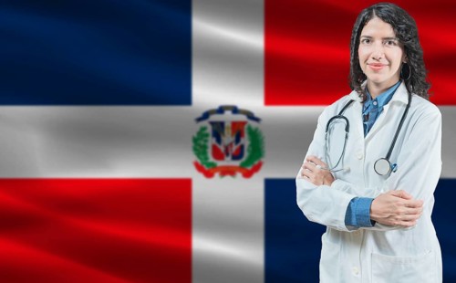 Dominican medicine and healthcare concept. Doctor close up against Dominican Republic flag