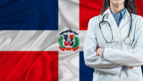 Medical professional on Dominican Republic flag. Healthcare and wellness in Dominican Republic,