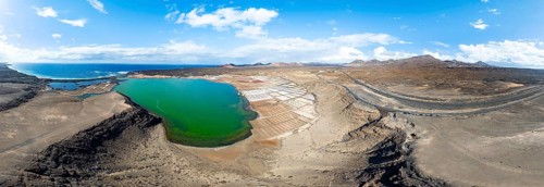 Salt mining plant, Salinas de Janubio and green lagoon Laguna de Janubio, near Yaiza, aerial view,