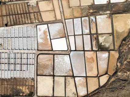 Salt mining plant, Salinas de Janubio, top-down, near Yaiza, drone shot, Lanzarote, Canary Islands,