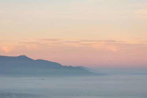 The majestic Teck Castle towers over the fog in the foothills of Alb. Aichelberg View of Teck