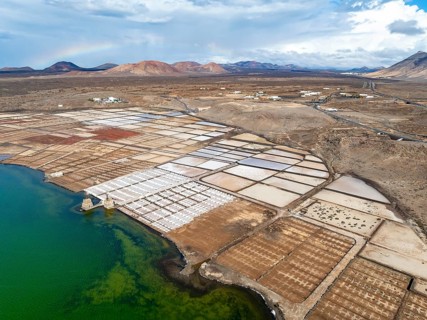 Salt mining plant, Salinas de Janubio with green Laguna de Janubio, near Yaiza, aerial view,