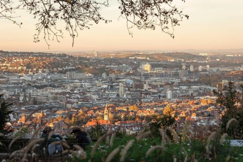 View of the city center in warm sunset light from Santiago de Chile Platz Stuttgart, Germany