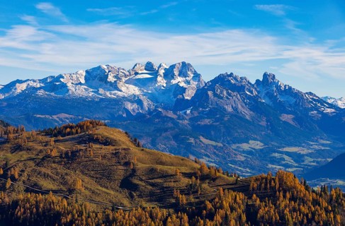 Alpbichlalm with Dachstein massif, autumn, Osterhorn Group, Salzkammergut, Province of Salzburg,
