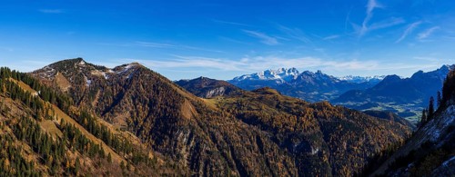 View from Trattberg Alm to Alpbichlalm and Dachstein Massif, Autumn, Osterhorn Group,
