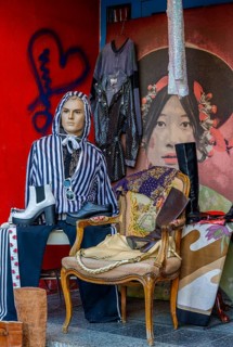 Fashion and quirky At the entrance to a second-hand shop on Hannoverschen StraÃŸe in Berlin Mitte,