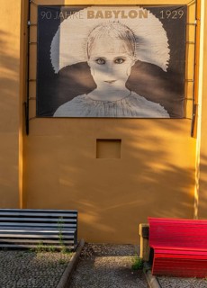 Film posters at the cult cinema Babylon on Rosa Luxemburg Platz, arthouse cinema opened in 1929,