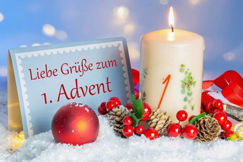 Greeting card with added text GREETINGS FOR THE 1ST ADVENT in addition to an advent candle and