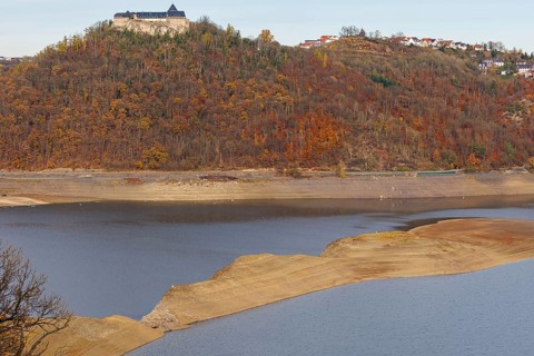 View of Lake Eder and Waldeck Castle, Hesse, Germany