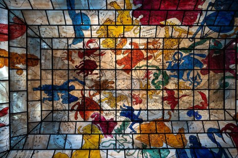 Interior photo, ceiling painting in the glass dome depicting the northern starry sky based on