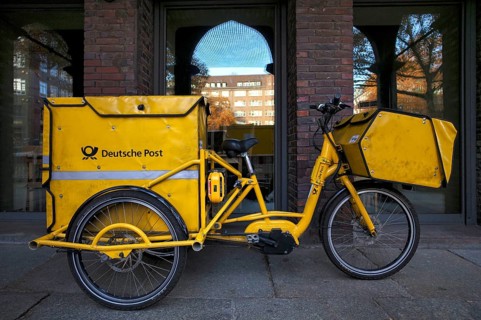 DHL, e-tricycle, e-trike, bicycle for mail deliverers, logo, parks in pedestrian zone, Free and
