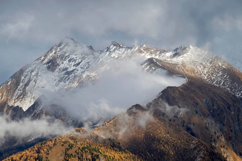 Hohe Warte, Ottenspitze and Gammerspitze in autumn, seen from larch meadows above Vinaders, Tuxer