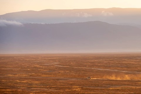 Safari vehicle, Toyota Landcruiser off-road vehicle drives in Ngorongoro Crater at sunrise,