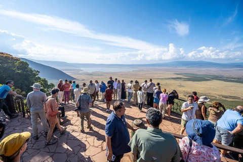 Tourists on the Crater Viewpoint observation deck, view of Ngorongoro Crater, Ngorongoro