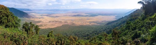 Panorama, view of Ngorongoro Crater, Crater Viewpoint, forest and savanna landscape, Ngorongoro