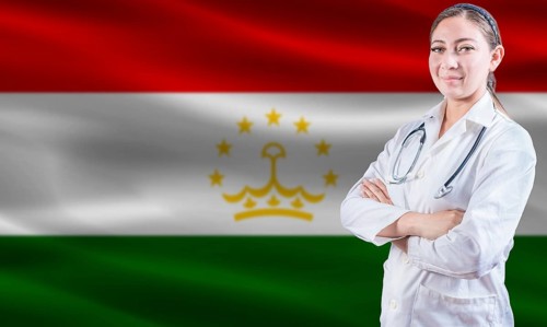 Female doctor on Tajikistan flag. Doctor with crossed arms on Tajikistan flag. Tajikistan health