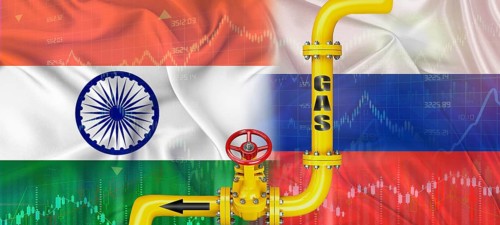 Gas pipeline with Russian and Indian flag. Production and export of Russian gas to India