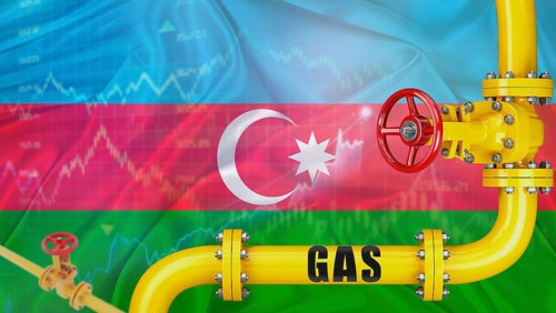 Gas pipeline with Azerbaijan flag in the background. Gas production with Azerbaijani flag on market