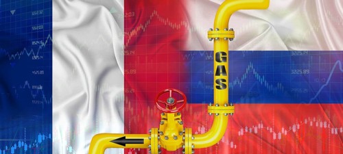 Gas pipeline with Russian and French flag. Production and export of Russian gas to France