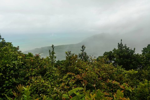 Distant tropical view from Mount Sorrow across valley and bay to where the Great Barrier Reef meets