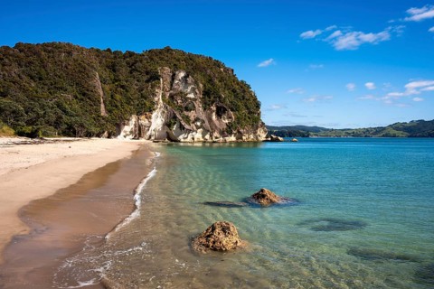 Landscape with sea and sandy beach in New Zealand. Lonely Bay, Shakespeare Cliff in the back, Cooks