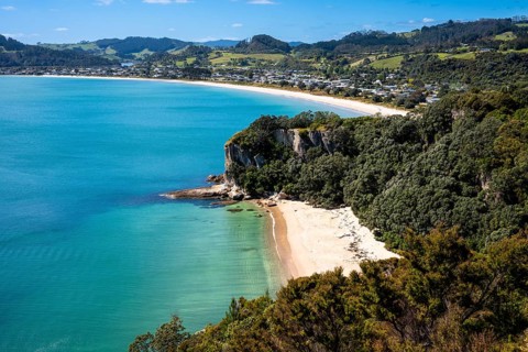 Landscape with sea and sandy beach in New Zealand. View of Lonely Bay and Cooks Beach from