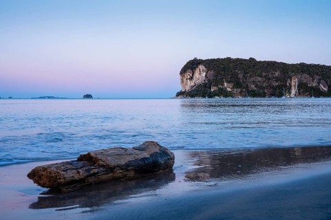 View of Shakespeare Cliff in the evening. Ferry Landing, Coromandel Peninsula, Waikato, New Zealand