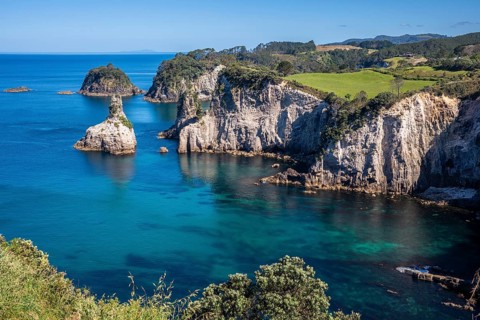 Landscape with sea and cliffs in New Zealand. Te Pare Point, Hahei, Coromandel Peninsula, Waikato,