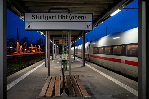 Incoming train, ICE, Intercity Express, track 10, platform, empty, main station, blue hour,