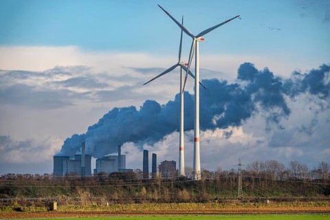 The RWE brown coal power plant in Neurath, wind farm, Rhenish lignite mining district of North