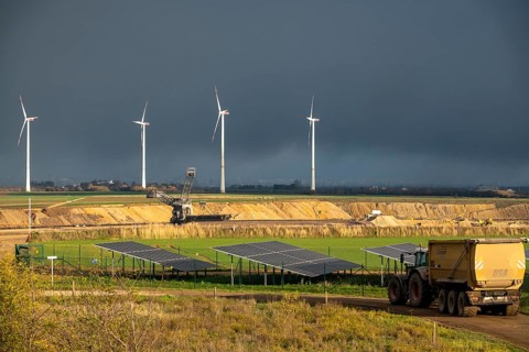 Parts of an 86.5 MW peak open-air photovoltaic system, from RWE, with over 141, 000 solar modules,