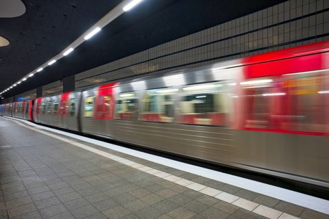SteinstraÃŸe subway station, underground train, movement effect, empty, platform, stop, train