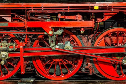 Wheelwork of a historic steam locomotive owned by the Free State of Bavaria, Eisenbahnmuseum,