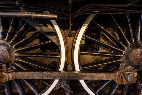 Wheelwork of the legendary French locomotive La France, operating number 231.K 22, railway museum,