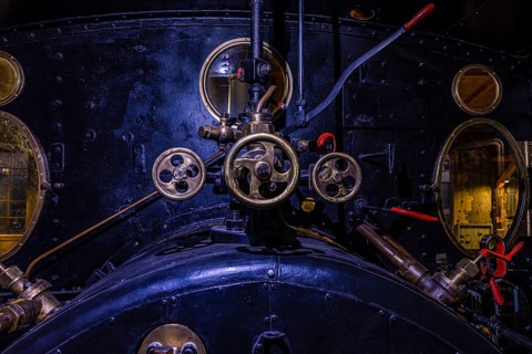 Levers and actuators in the tank car of a historic steam locomotive, Eisenbahnmuseum, Augsburg