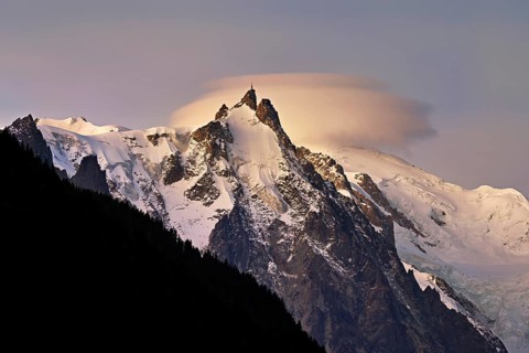 Aiguille du Midi with cloud above the summit, Mont-Blanc, Chamonix-Mont-Blanc, Haute-Savoie, France