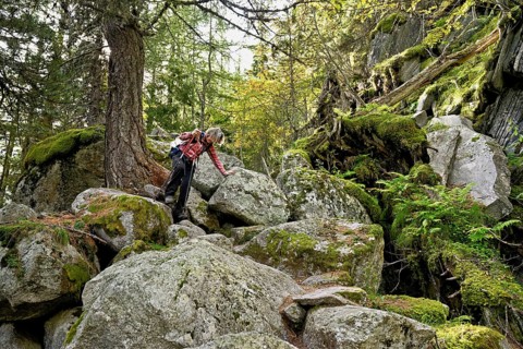 Female hiker on mountain tour in rocky terrain, Mont-Blanc, Chamonix-Mont-Blanc, Haute-Savoie,