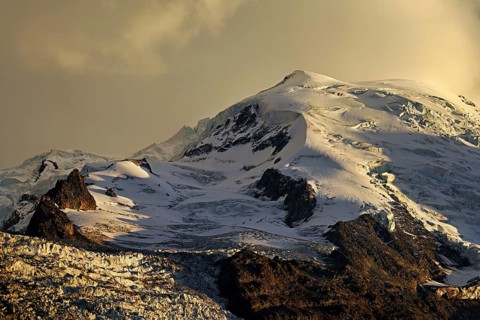 Snow-covered Dome du GoÃ»ter, in the evening light, Chamonix-Mont-Blanc, Haute-Savoie, France