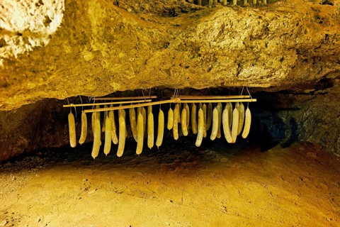 Salami hanged in a tunnel in a salt mine, salt mine, Bex, Canton of Vaud, Switzerland