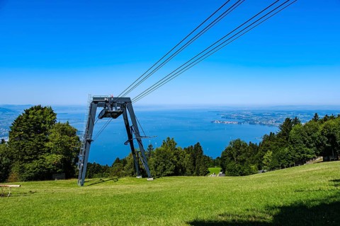 View from PfÃ¤nder of the PfÃ¤nder Railway and Lake Constance, Lochau, Bregenz, Vorarlberg, Austria