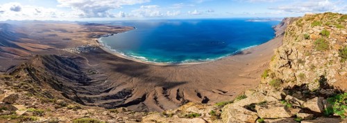 Panorama at Castillejo viewpoint, view from the Risco de Famara cliffs to the coast and the sea