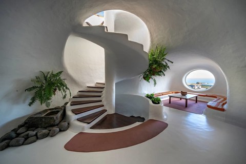 Staircase and sitting area, interior at the Mirador del RÃ­o viewpoint, designed by artist César